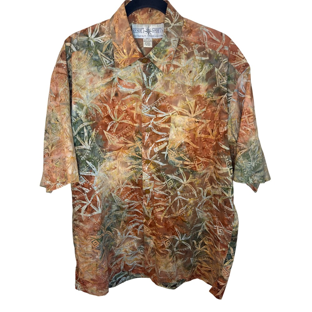 Vintage 90's Resort Shirts Batik Hand Dyed Cotton Button Up Brown Green